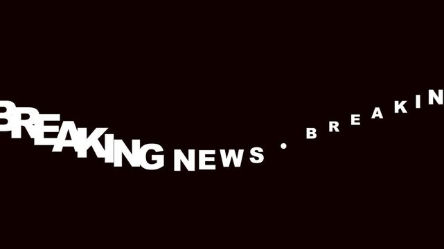 Breaking news digital typography animation sequence displaying bold white text moving across a plain black background in this motion clip