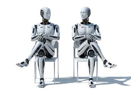 Crash test dummies sitting on chairs isolated on white background