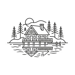 Obraz premium Minimalist Line Art A-Frame Cabin Lake Mountain Reflection