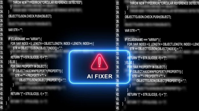 Ai fixer software concept: neon warning over scrolling program code background, artificial intelligence
