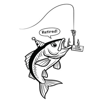 Black and white vector illustration of a fish biting a fishing hook with party