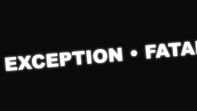 Fatal exception text displayed as a rolling scrolling animation on a black computer background for digital system error motion footage