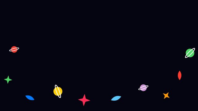 Colorful planet shapes floating in dark void create dynamic motion animation for creative space themed project and cosmic digital art