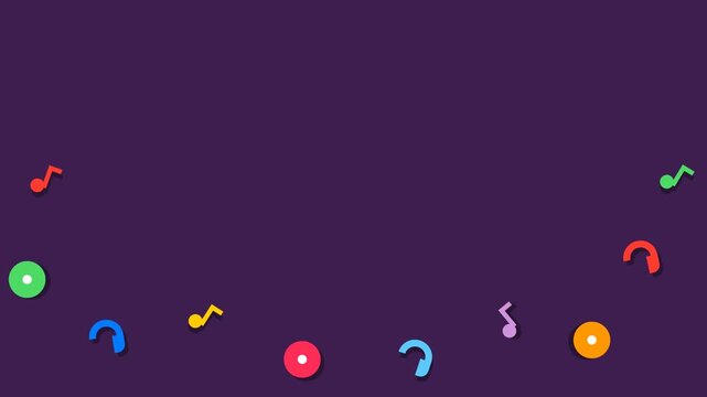 Musical note symbols dancing across dark purple background in a playful digital animation loop for modern entertainment motion video projects