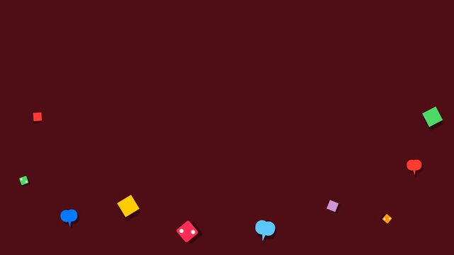 Minimalist digital motion video featuring vibrant floating geometric shapes and speech bubbles drifting across a deep solid dark maroon background