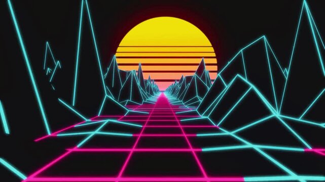 Retro 80s Synthwave Landscape with Neon Grid and Sunset