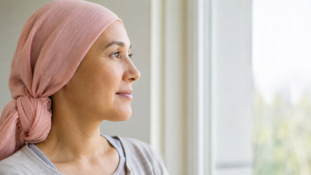 Hopeful woman in pink headscarf looking out a bright window