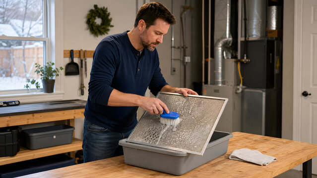 Cleaning kitchen equipment can be satisfying task, especially when using right tools. man scrubs greasy filter over basin, ensuring thorough clean