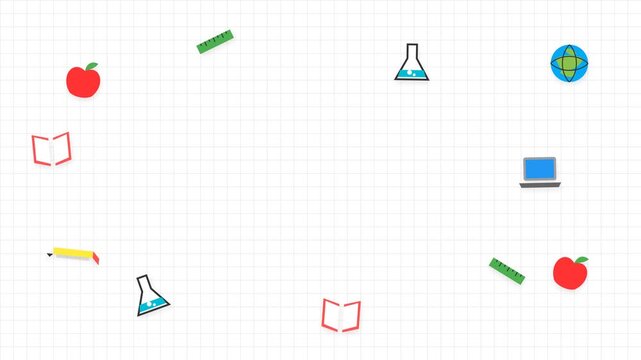 School supplies moving in seamless animated loop pattern featuring icons of books chemistry beakers computers and rulers digital motion footage