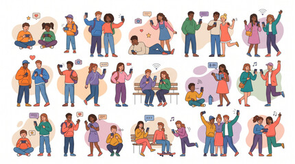 Fototapeta premium Diverse group of young people and teenagers using smartphones set. Characters chatting, taking selfies, playing mobile games, and listening to music. Flat vector illustrations collection.