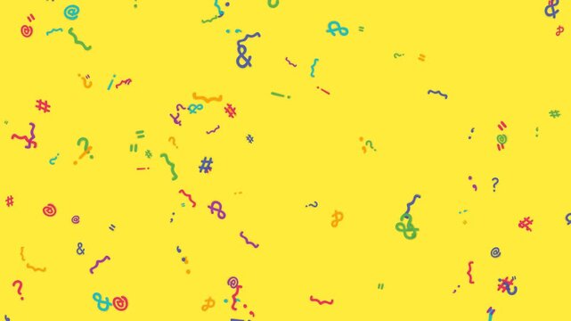 Colorful punctuation symbols and mathematical characters floating across a vibrant yellow background in this seamless digital motion video footage animation
