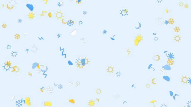 Weather icons floating in a soft blue sky digital motion graphic animation showing diverse climate patterns and atmospheric changing conditions