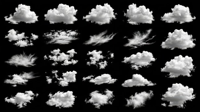 Collection of White Clouds Isolated on Black Background for Photo Manipulation and Design, Set of 25 Different Cloud Shapes