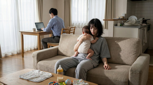 在宅勤務をする夫の背後で育児に疲れ果てて呆然とする母親