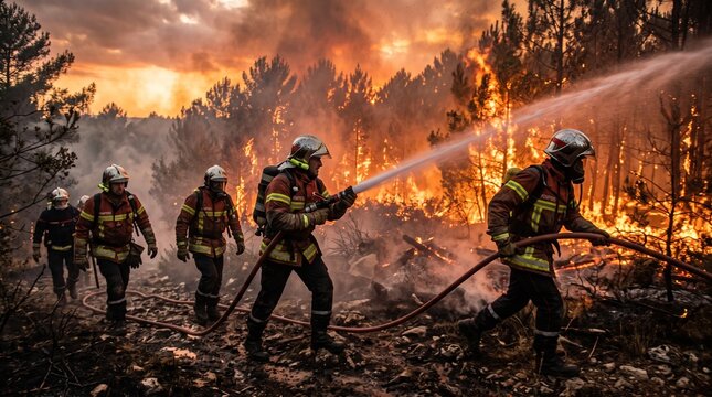 A group of French firefighters advances through flames, battling wildfires in a dense forest at sunset