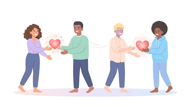 Diverse people exchanging glowing red hearts in pairs to symbolize love kindness and connection in a simple illustration with individuals exchange