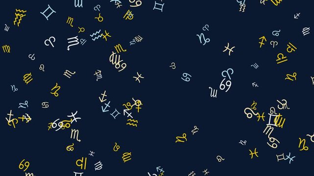 Zodiac signs floating in smooth motion animation on dark blue background creating mysterious celestial star pattern for astrology video project