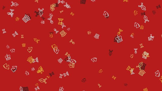 Floating chess pieces animation sequence featuring scattered kings and queens icons moving across a vibrant red background in digital motion