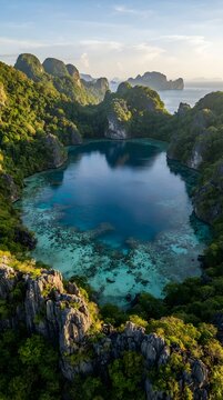 Aerial drone shot of a hidden tropical blue lagoon encircled by jagged cliffs and dense forest with hidden bay island landscape crystal water green hills natural pool