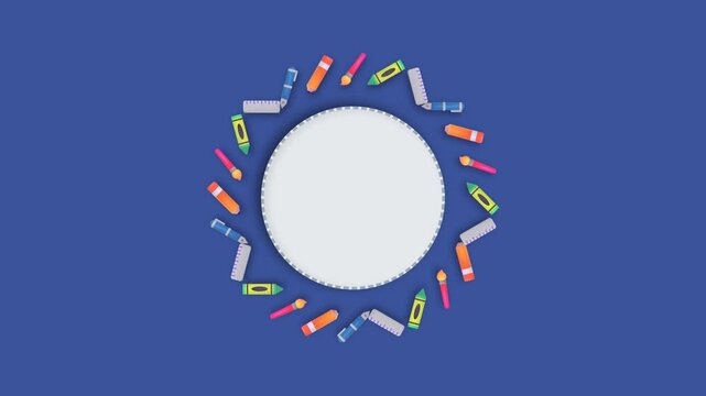 School supplies circling around a central white circular frame in this vibrant colorful educational motion footage digital graphic animation loop