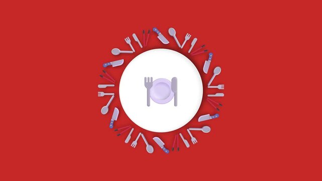 Rotating kitchen utensils animation featuring forks spoons and knives arranged in a circular pattern around a central white dinner plate