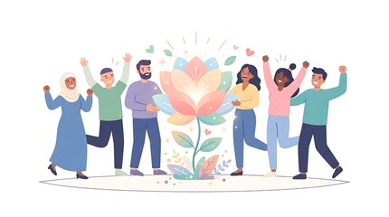 Obraz premium Group of happy people jumping and cheering around a large glowing flower illustration with diverse group smiling jumping raised hands