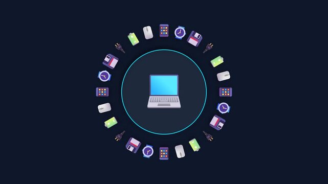 Laptop computer surrounded by orbiting tech accessories animation featuring icons of floppy disks and mouse devices for digital motion footage