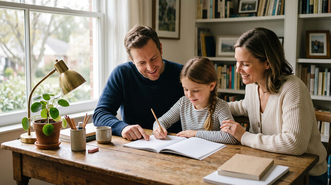 Happy parents helping cute daughter with homework at a desk, smiling family studying together in a cozy and positive home environment.