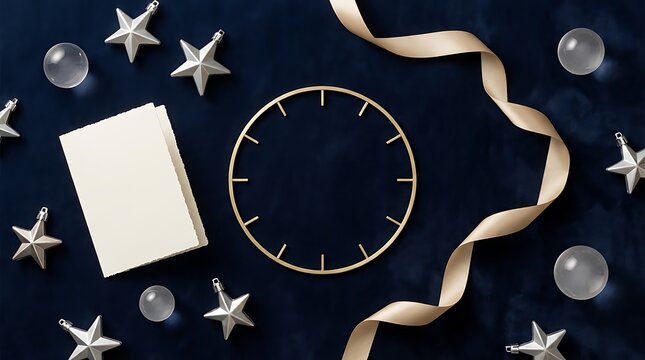 Christmas greeting card mockup with clock and festive stars on dark blue velvet background