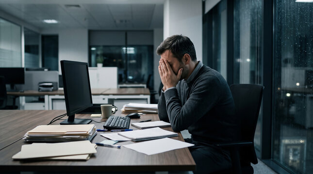 Stressed and exhausted businessman covering his face with his hands while working late in a dark modern office, corporate burnout concept.