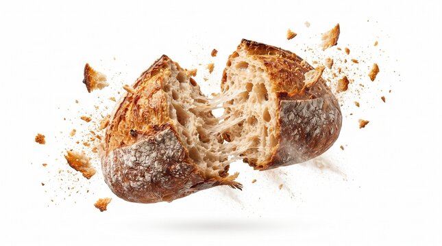 Breaking Bread with Flying Crumbs Isolated