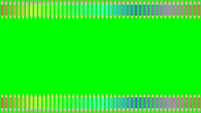 Vibrant colorful pencils moving in dynamic wave patterns across a bright green screen background for creative education motion video animation