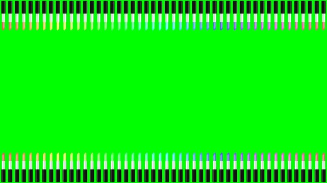 Colorful lipsticks arranged in rhythmic wave motion patterns creating a vibrant makeup cosmetic border on a bright green background video