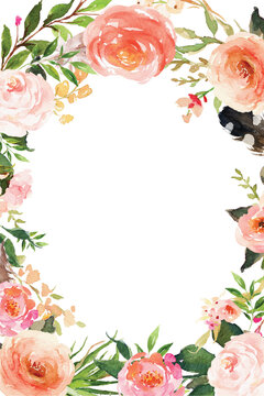 Watercolor boho floral frame with blush pink and coral roses illustration isolated on transparent background