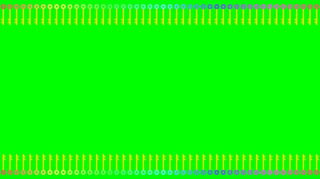 Colorful key symbols arranged in rhythmic wave motion patterns creating a vibrant digital border animation on a bright green background