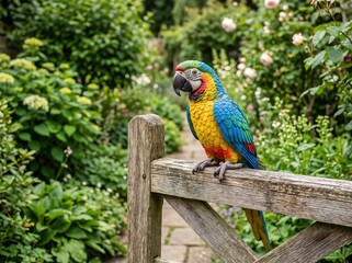 Obraz premium Scarlet Macaw Parrot on Fence - High Quality Stock Photo