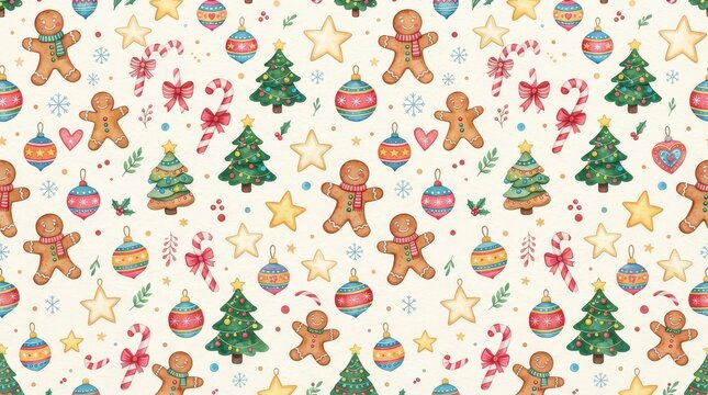 Whimsical watercolor Christmas pattern featuring gingerbread men and festive decorations