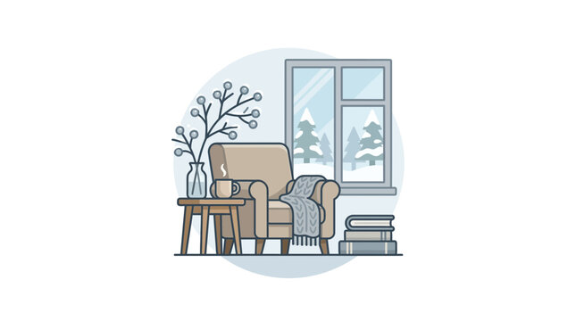 Cozy winter living room interior with armchair and snowy window