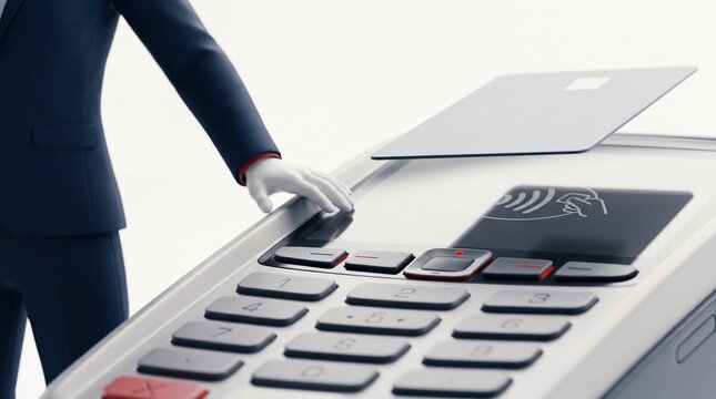 Small human figure in blue suit standing next to giant payment terminal with credit card hovering above keypad with beside massive electronic tiny person dark card reader card