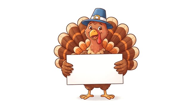 Friendly cartoon pilgrim turkey wearing a blue hat holding a blank white sign for your message