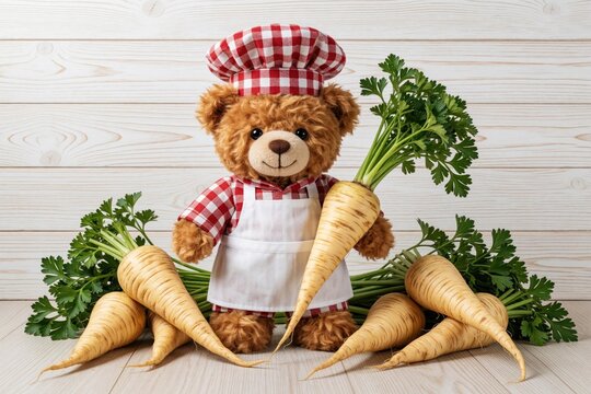 Teddy bear dressed as chef holds fresh parsnips and parsley. Fluffy toy wears toque and apron, stands near root vegetables on wood background. Cute cook concept.