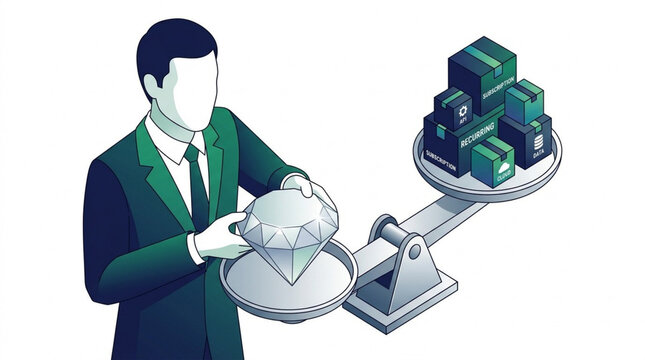 A man in a suit places a large diamond on a balance scale, weighing it against a stack of boxes, illustrating value and quality.