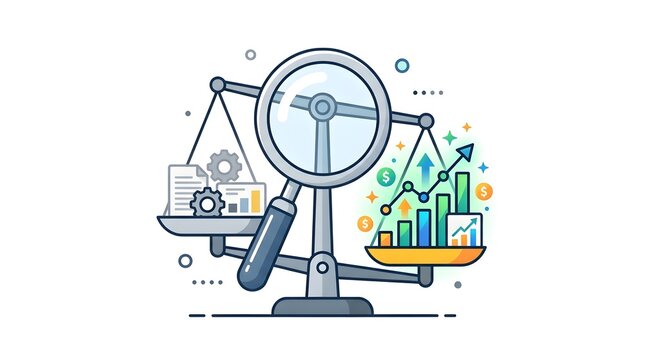 Magnifying Glass Balance Scale Weighing Business Process and Profit Growth