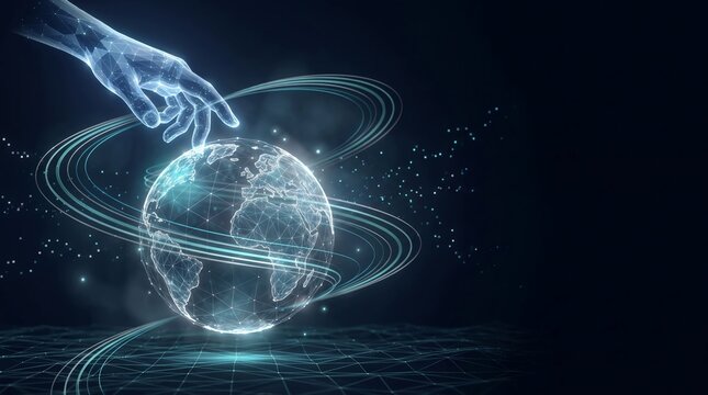 Futuristic Digital Globe with Robotic Hand and Global Network