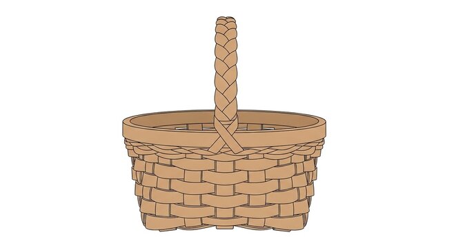 Woven picnic basket vector illustration. Empty brown wicker container with woven texture and single braided handle. Isolated clip art for autumn harvest, Easter, gardening, and outdoor dining.