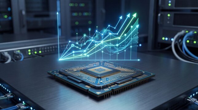 A futuristic microchip with data visualization overlay showcasing growth in technology and data processing.