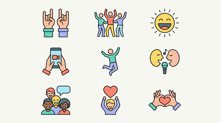 Fototapeta premium Flat design icon set with diverse people celebrating, singing, and showing affection on a light background