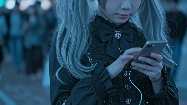 夜の街頭で地雷系・ゴスロリファッションに身を包みスマホを操作する女性