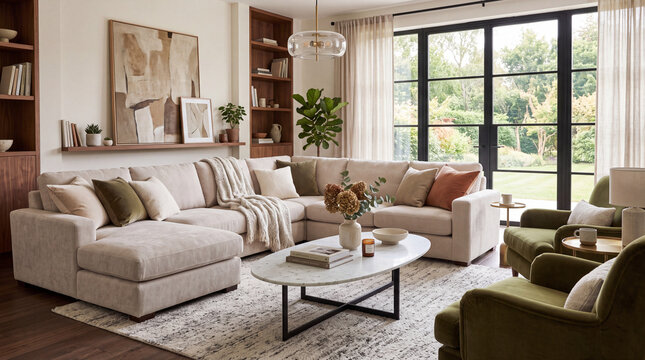  interior design concept of a Modern living room with an oversized sectional sofa, oval marble coffee table, and plush upholstered chairs for a cozy feel.