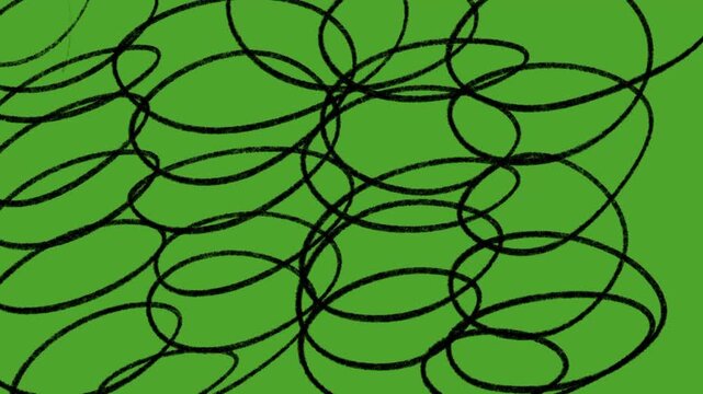 Abstract black scribble line pattern graphic animation on bright green background. Doodle circle dots frame animation on chroma key green screen background for video overlay